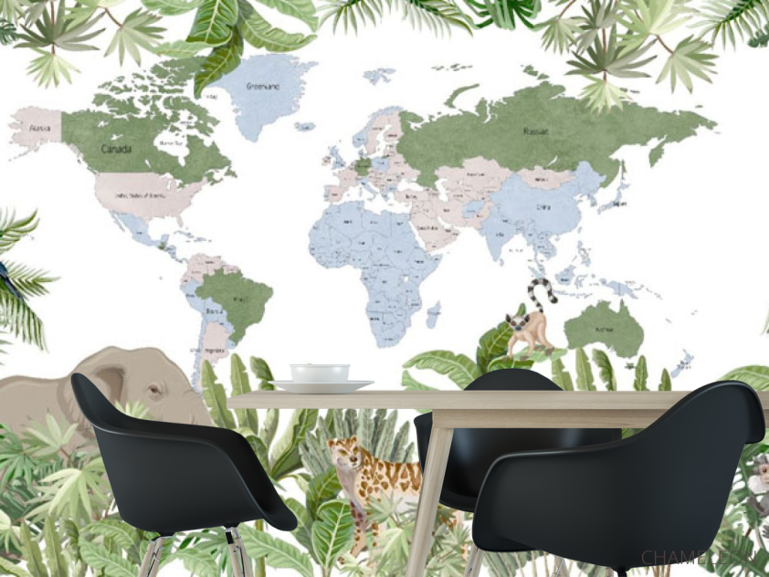 Фотошпалери карта дитяча з тропічним лісом і тваринами англійською - 1