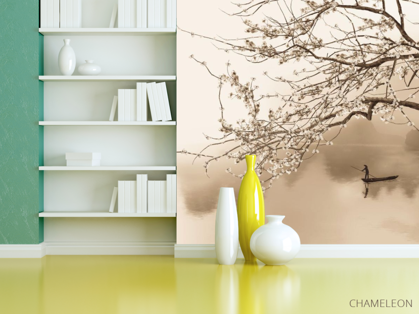 Фотошпалери на човні під квітучим деревом - 3