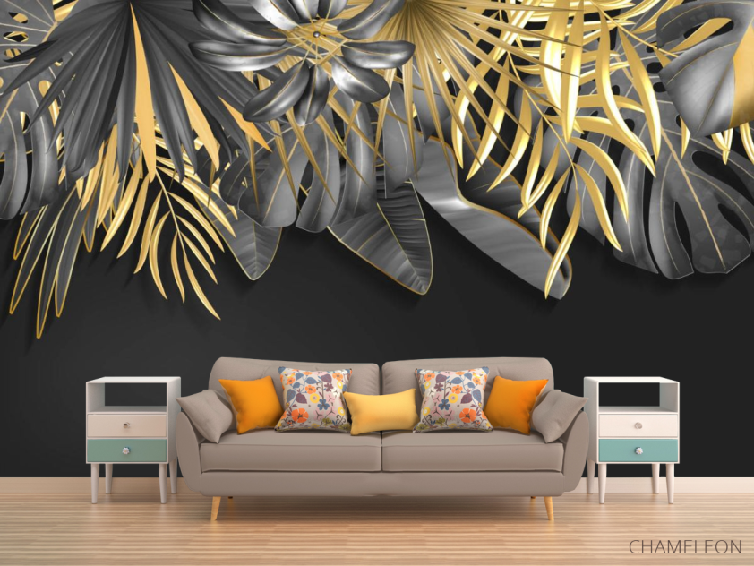 Фотообои Золотые листья на черном - 1