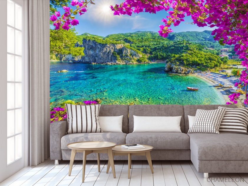 Фотообои вид на гавань через розовые ветки - 3