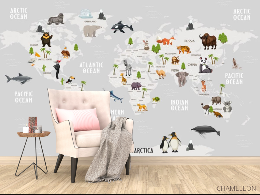 Фотообои Серая карта с животными на английском - 4