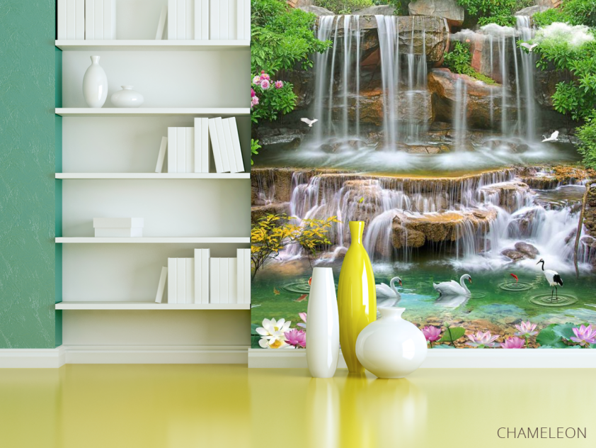 Фотошпалери 3Д водоспад і лебеді - 3