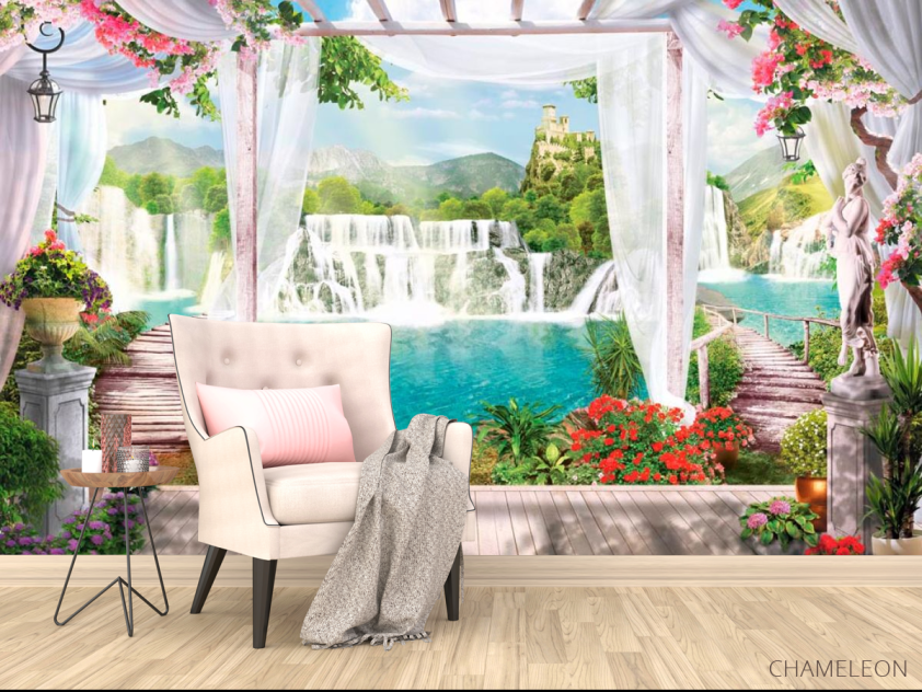 Фотообои Водопад, замок, цветы - 4