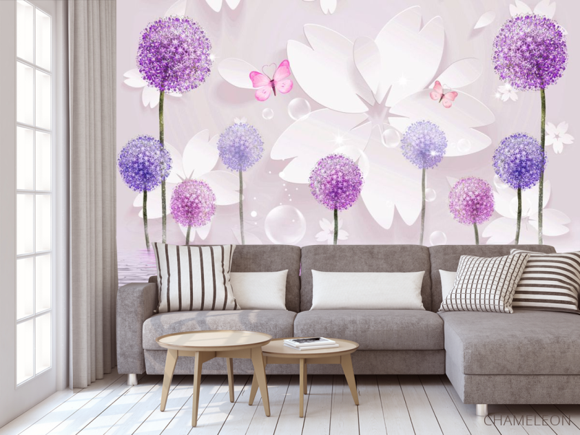 Фотообои Фиолетовые 3д одуванчики - 3