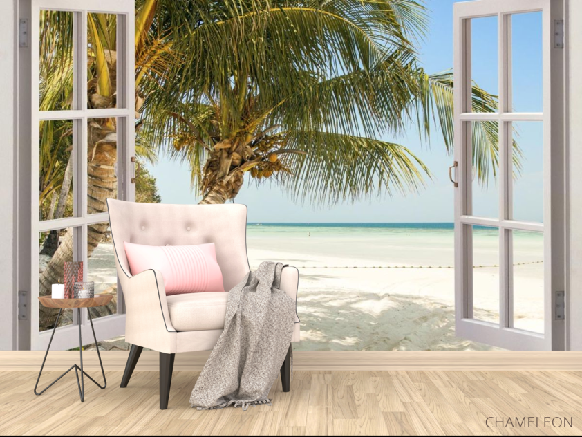 Фотообои Пальма и море в окне - 4