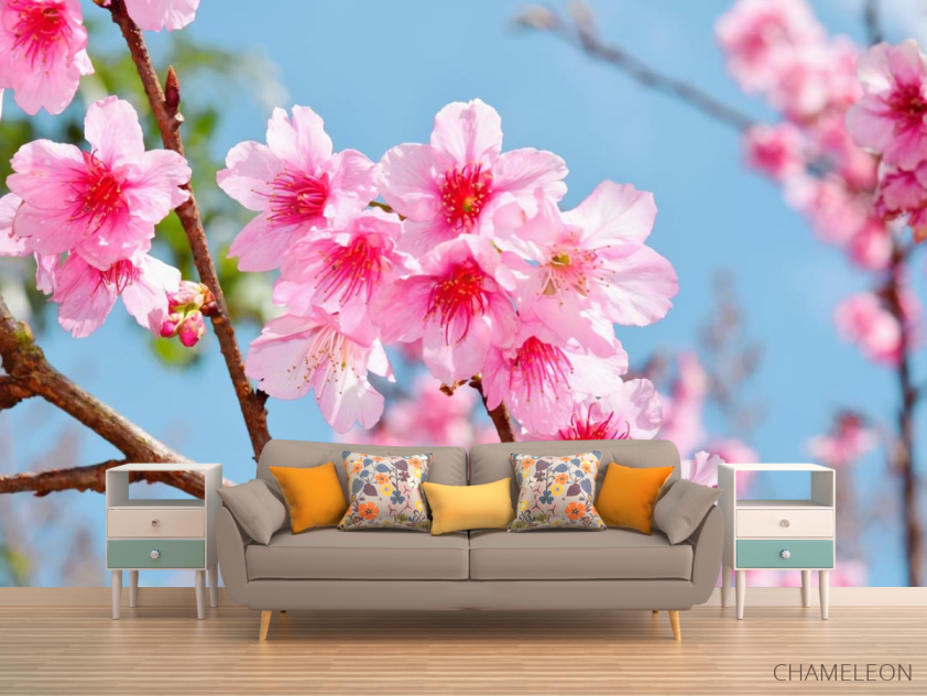 Фотообои яркие розовые цветочки на дереве - 1