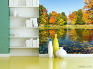 Фотошпалери осінь дерева і фонтан над озером - 3