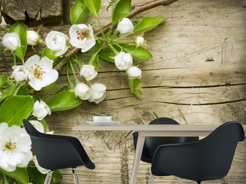 Фотошпалери білі цветоки на тлі дерев'яно - 1