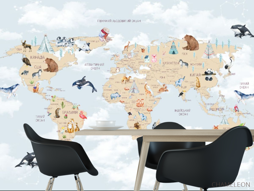 Фотошпалери карта дитяча з хмарками українською мовою в синьому кольорі. - 1