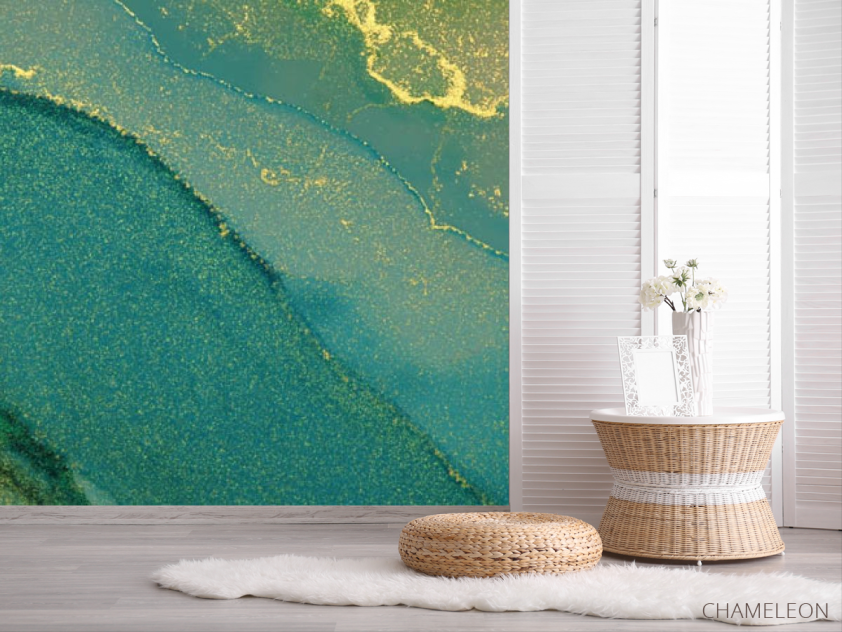 Фотошпалери Зелений fluid art з золотом - 2