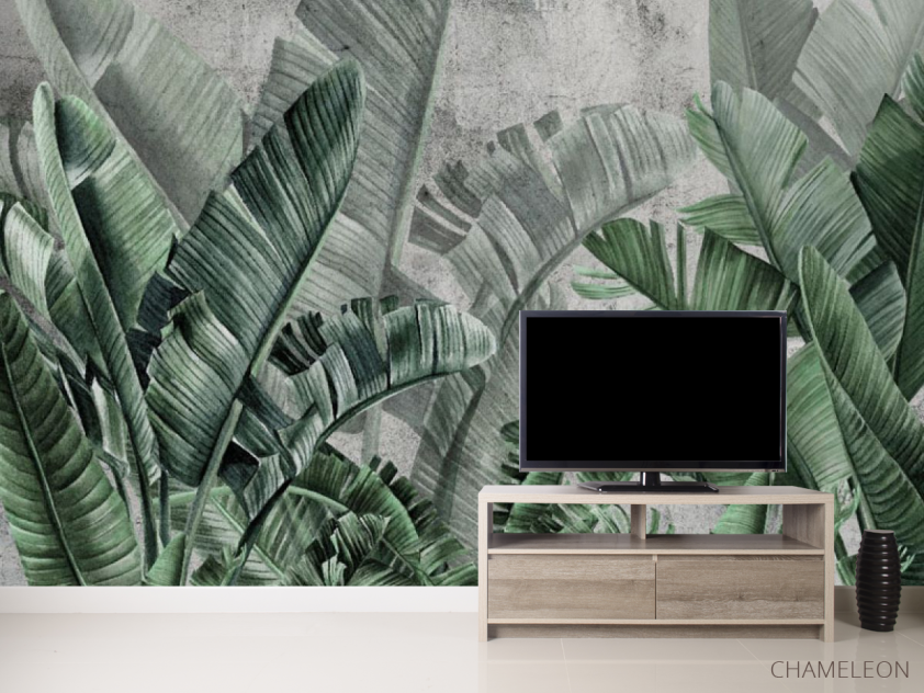 Фотообои Зеленые тропические листья на фоне бетона. - 2