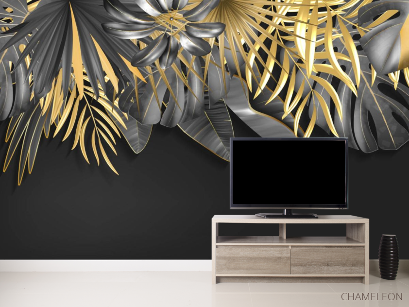 Фотообои Золотые листья на черном - 2
