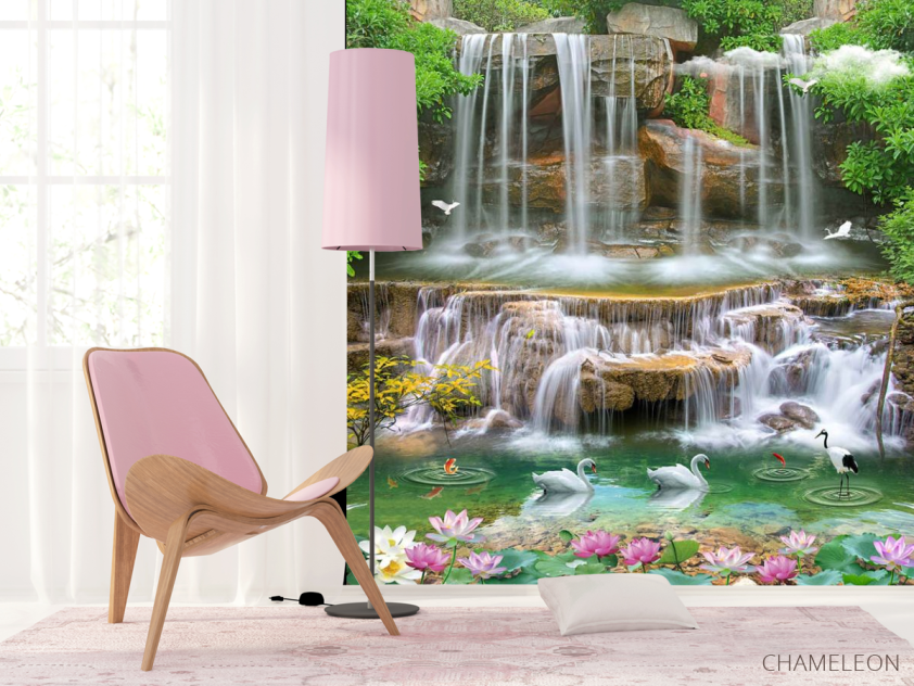 Фотошпалери 3Д водоспад і лебеді - 4