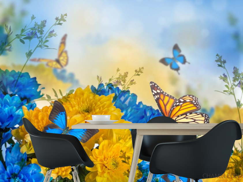Фотошпалери блакитно-жовті квіти і метелики - 1