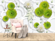 Фотообои зеленые цветы на фоне белых кругов - 4