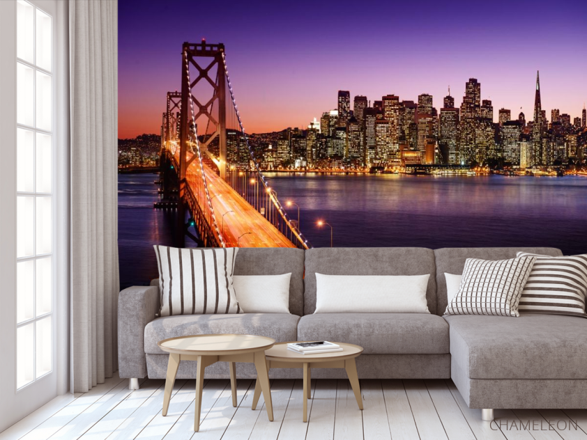 Фотообои мегаполис над фиолетовой рекой - 3