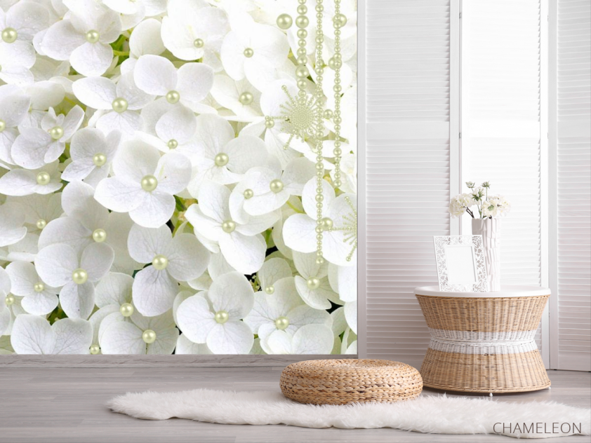 Фотошпалери Біла гортензія і намистини - 2