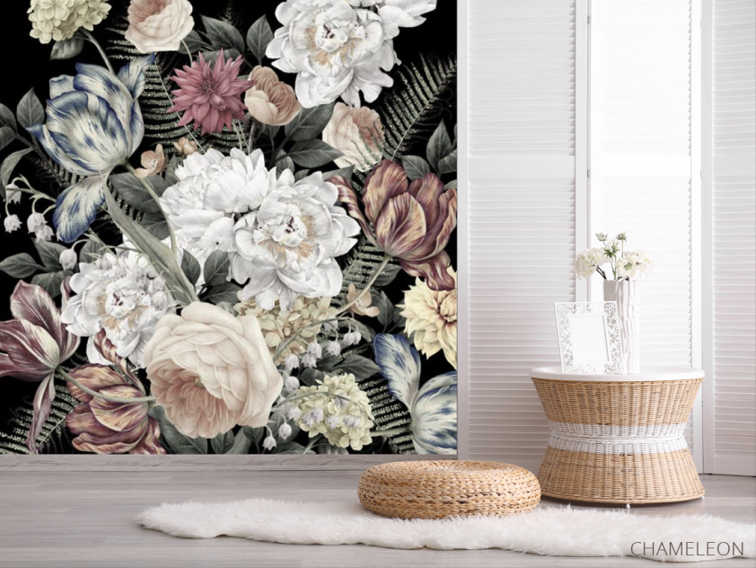 Фотошпалери Вінтажні квіти на чорному тлі - 2