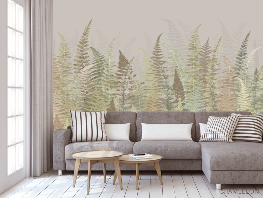 Фотообои Листья папоротнику зелено бежевый оттенок - 3