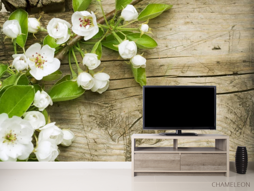 Фотообои белые цветоки на деревянно фоне - 2