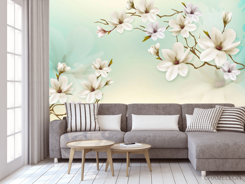 Фотообои Белые магнолии на бирюзовой стене - 3