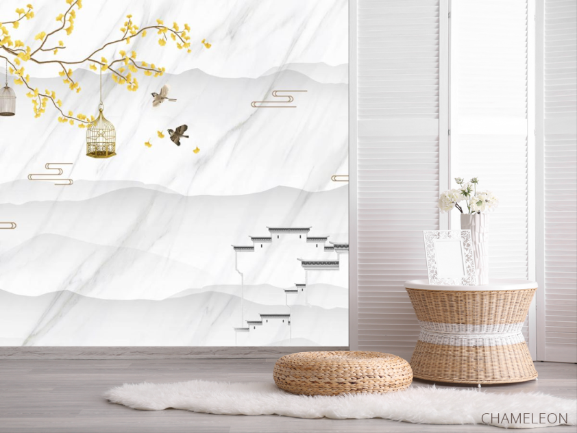 Фотошпалери Гілка гінкго та птиці в клітці - 2