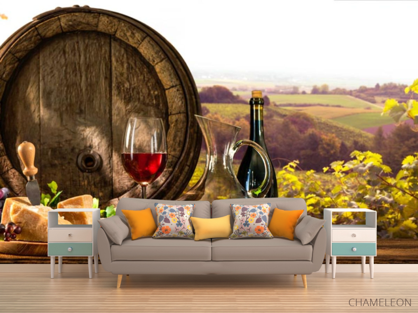 Фотообои бочка, сыр и вино - 1