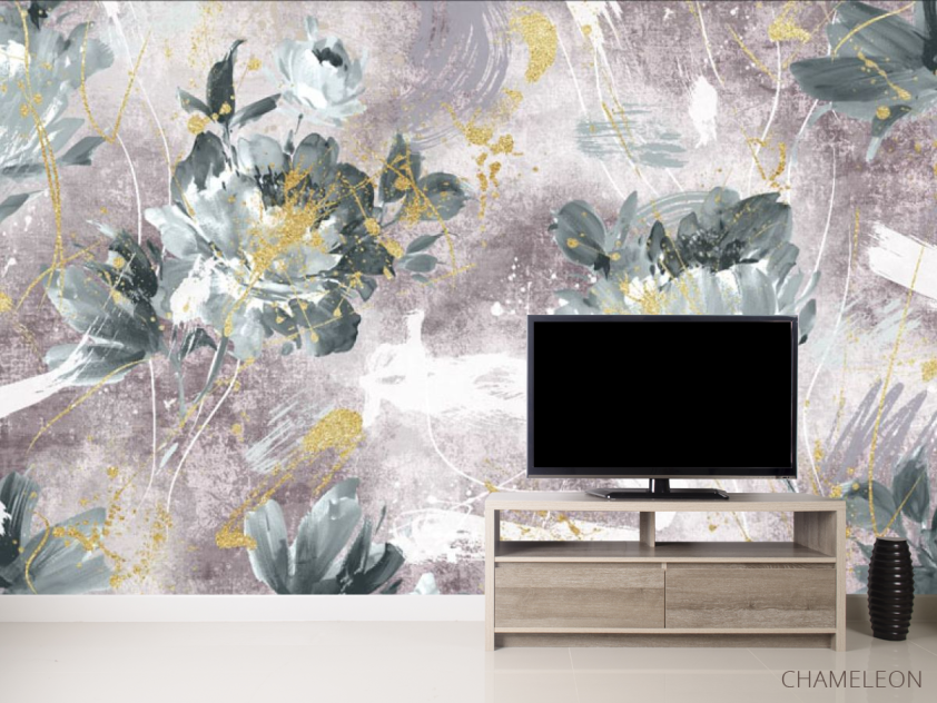 Фотообои Дизайнерские цветы с золотом розовые. - 2