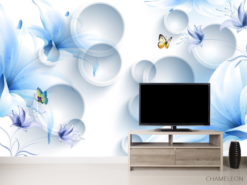 Фотообои  Синие цветы с бабочками - 2