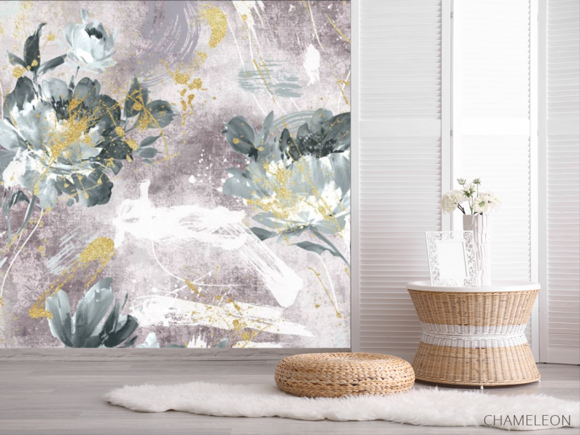 Фотошпалери дизайнерські квіти з золотом рожеві. - 2