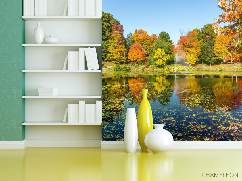 Фотошпалери осінь дерева і фонтан над озером - 3