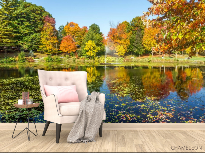 Фотообои осень деревья и фонтан над озером - 4
