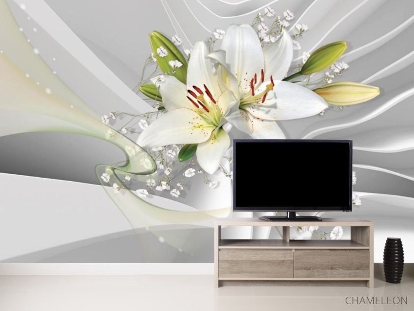Фотообои белые лилии на фоне белых волн - 2