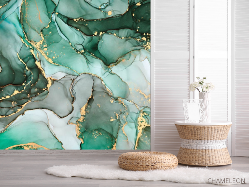 Фотошпалери Зелений Fluid art з золотом - 2