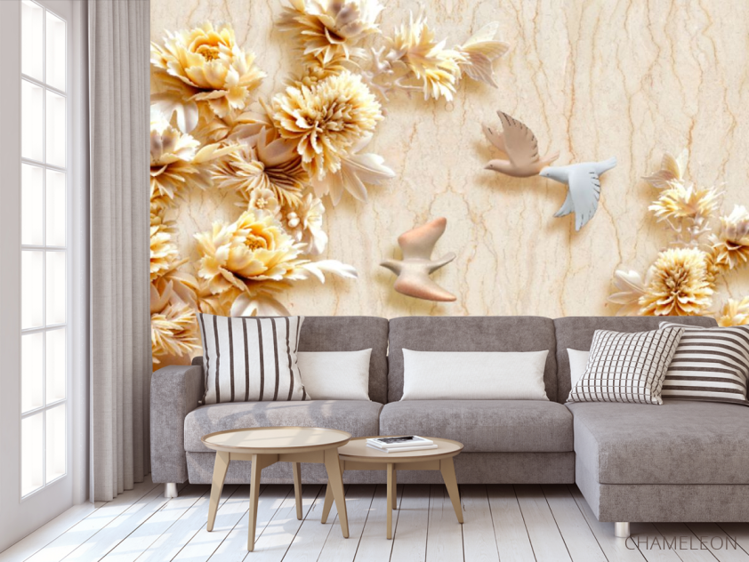 Фотообои Стеоскопические цветы и голуби - 3