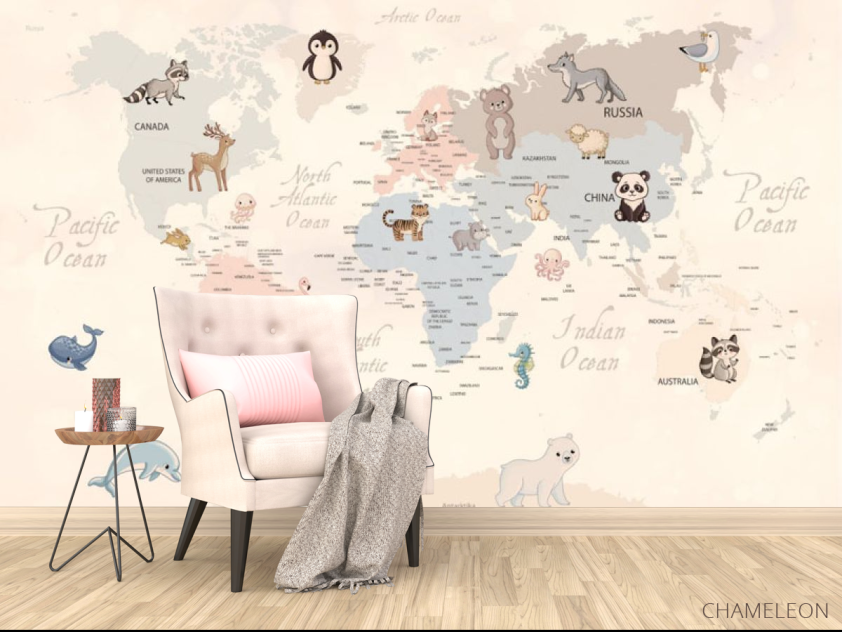 Фотообои Бежевая карта на английском с животными - 4