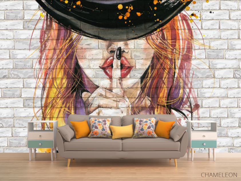 Фотообои дама в шляпе, кирпичная стена - 1