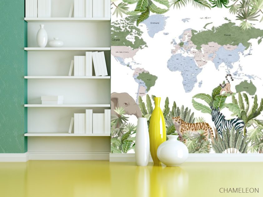 Фотошпалери карта дитяча з тропічним лісом і тваринами англійською - 3