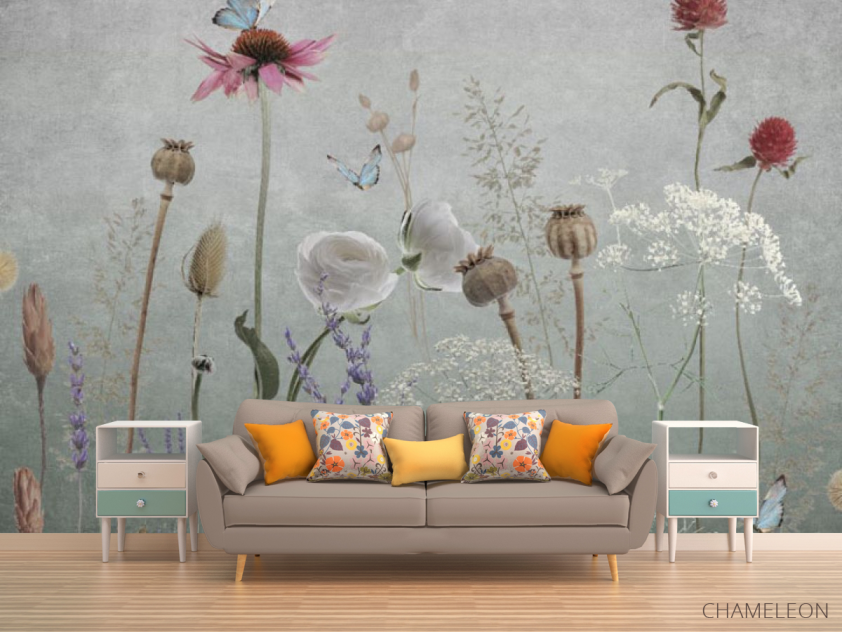 Фотообои Полевые дизайнерские цветы серые - 1