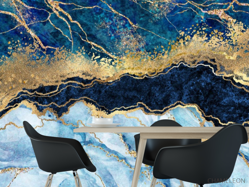 Фотошпалери Синій Fluid art з золотом - 1