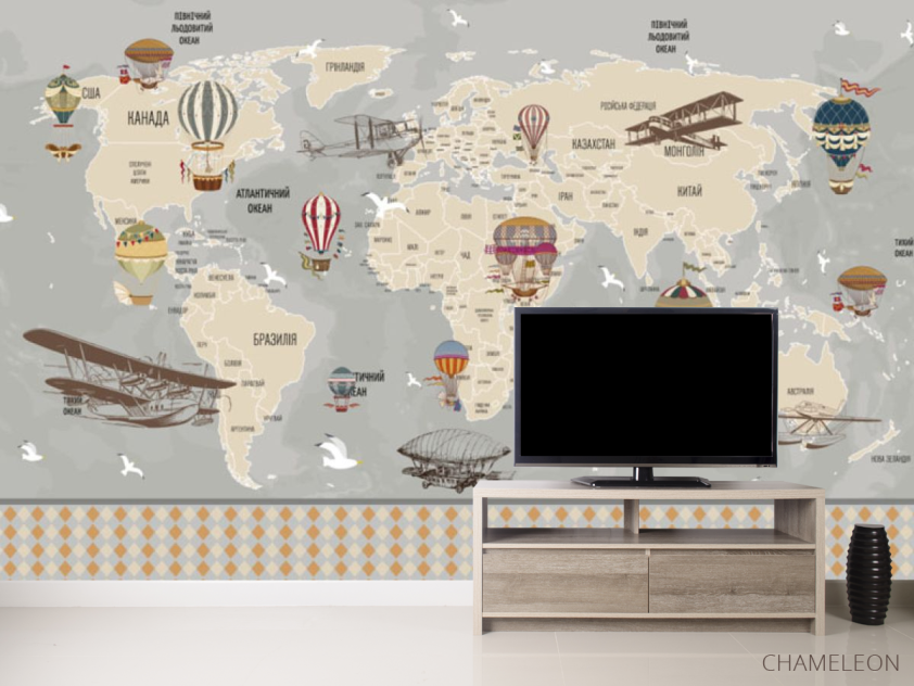 Фотообои Карта детская с самолетами и слоями по русски - 2