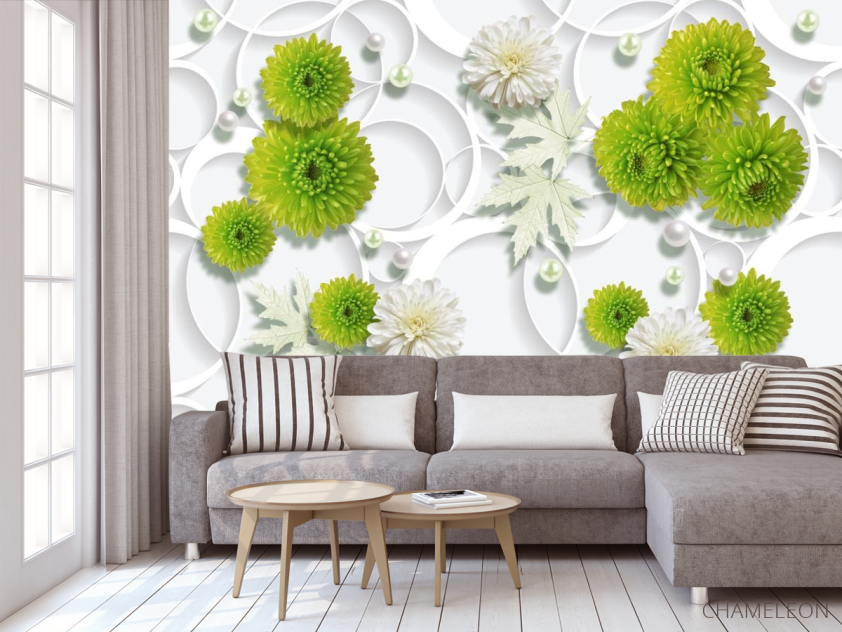 Фотообои зеленые цветы на фоне белых кругов - 3