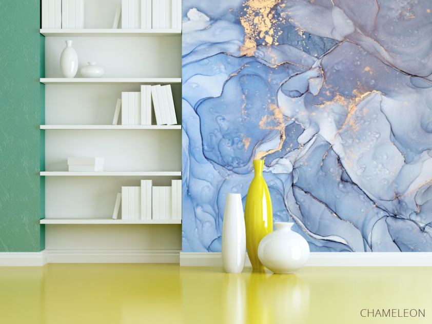 Фотошпалери Блакитний Fluid art з золотом - 3