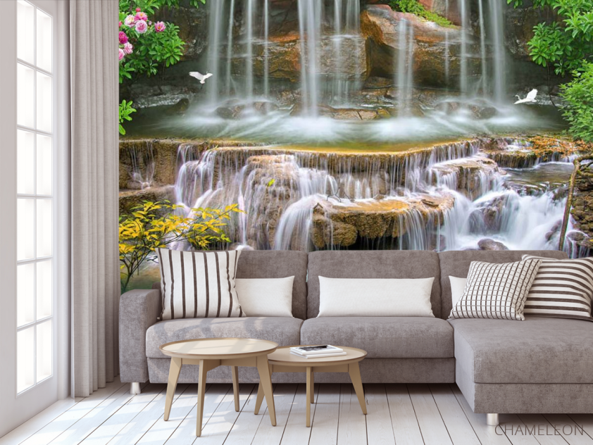 Фотообои 3д водопад и лебеди - 3