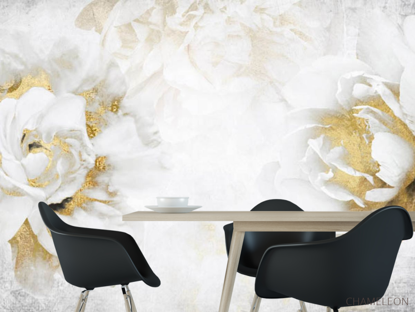 Фотошпалери білі квіти з золотом - 1