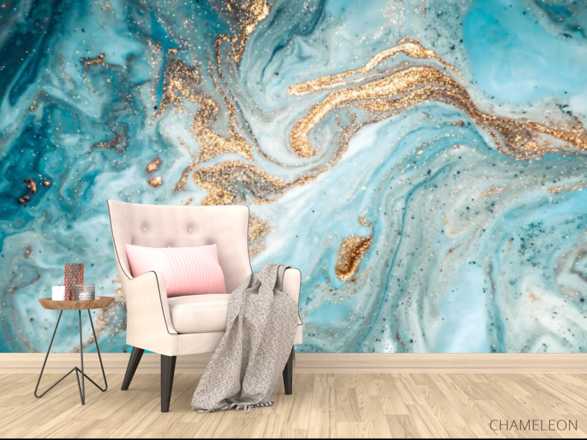 Фотообои Голубой fluid art с золотом - 4