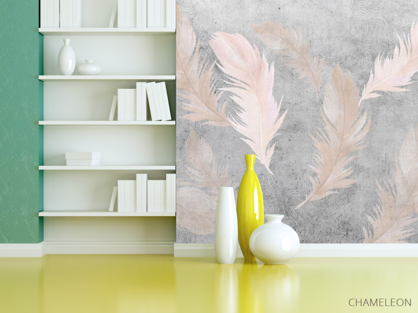 Фотошпалери рожеві пір'я на тлі бетону. - 3