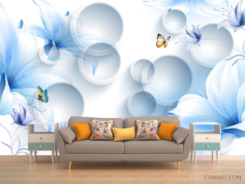 Фотообои  Синие цветы с бабочками - 1