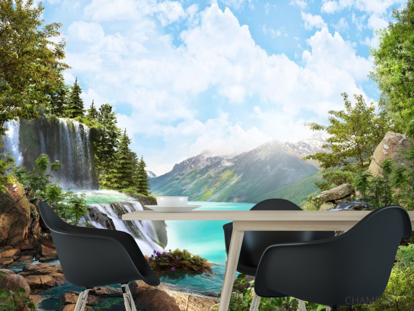 Фотошпалери водоспад над озером в горах - 1