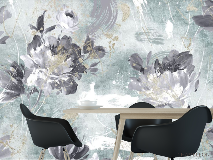 Фотошпалери дизайнерські квіти з бірюзовим золотом. - 1